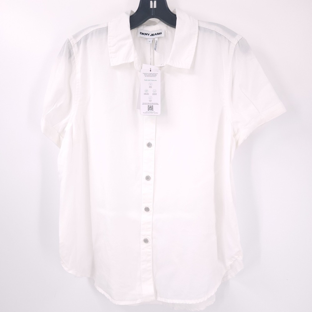 DKNY Jeans Rolled Short Sleeve Button Up Shirt Collared White Womens Size PL